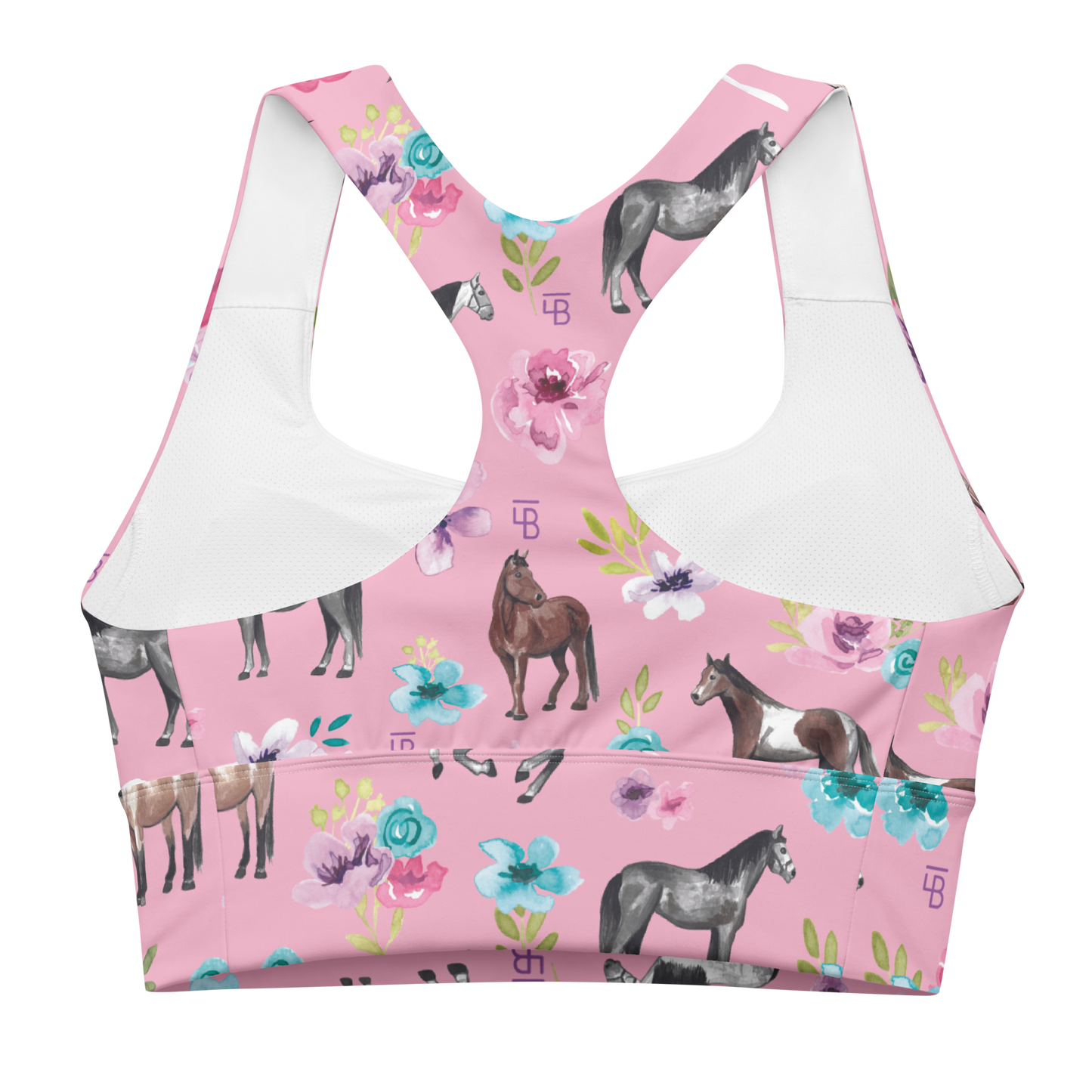 Pink Floral Horses - Longline sports bra