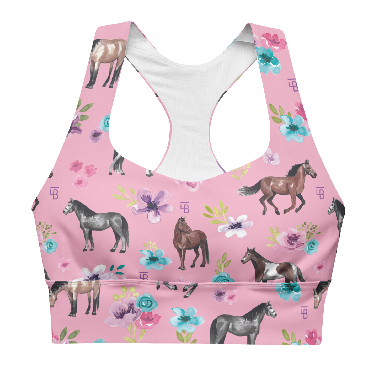 Pink Floral Horses - Longline sports bra