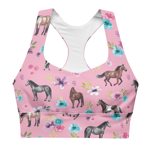 Pink Floral Horses - Longline sports bra