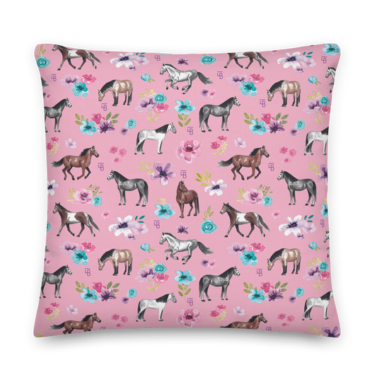 Pink Floral Horses - Premium Pillow