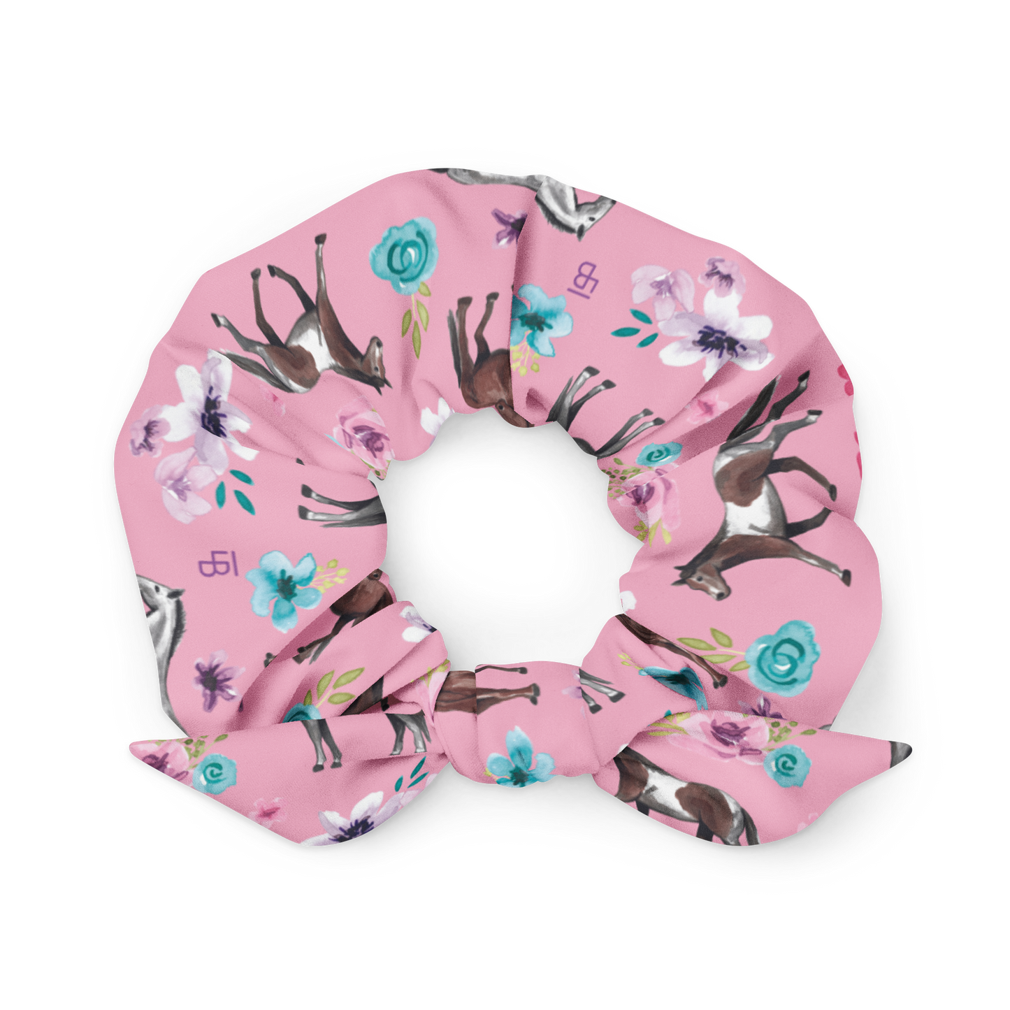 Pink Floral Horses - Recycled Scrunchie